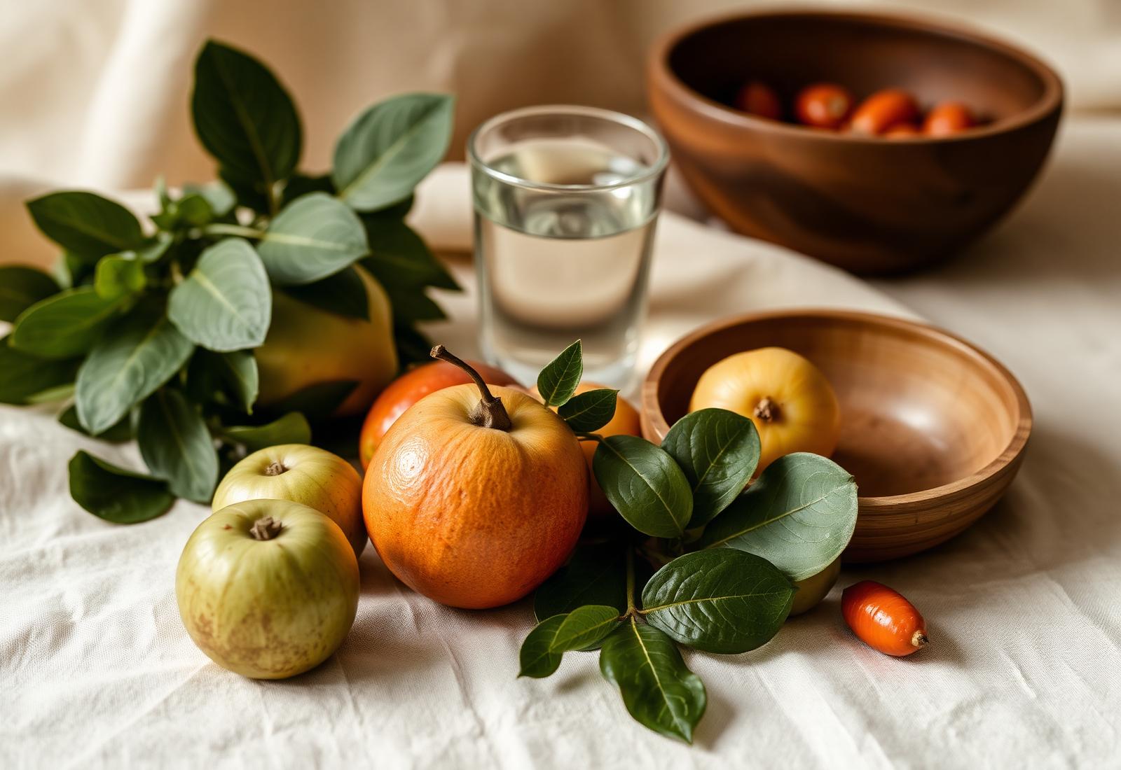 Naturaleza muerta de frutas y agua